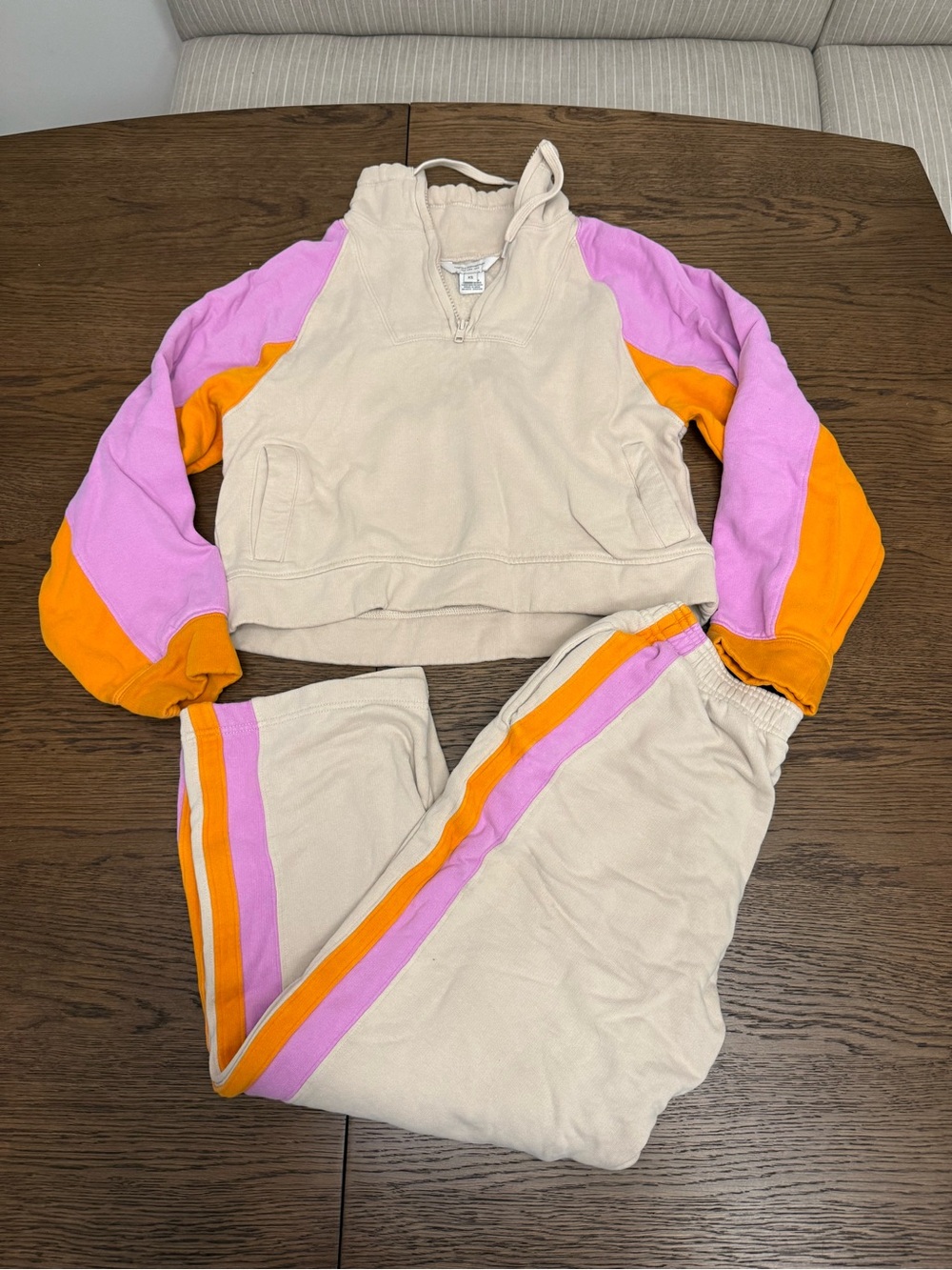 French Connection Beige Hoodie & Jogger Set with Pink and Orange Accents
